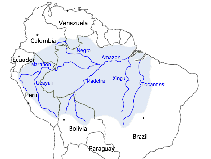 Mapa mostrando o trajeto do rio Amazonas, seus principais afluentes e a área aproximada de sua bacia hidrográfica.